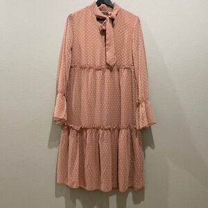Boohoo Dusty Rose Long Sleeve Swiss Dot Midi Dress Size 6